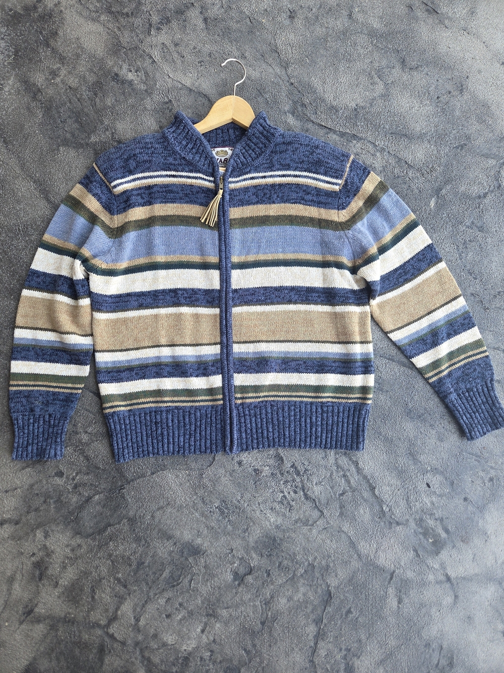 Striped Ramie Cotton Zip-Front Women's Sweater Blue Tan Cream Green Large
